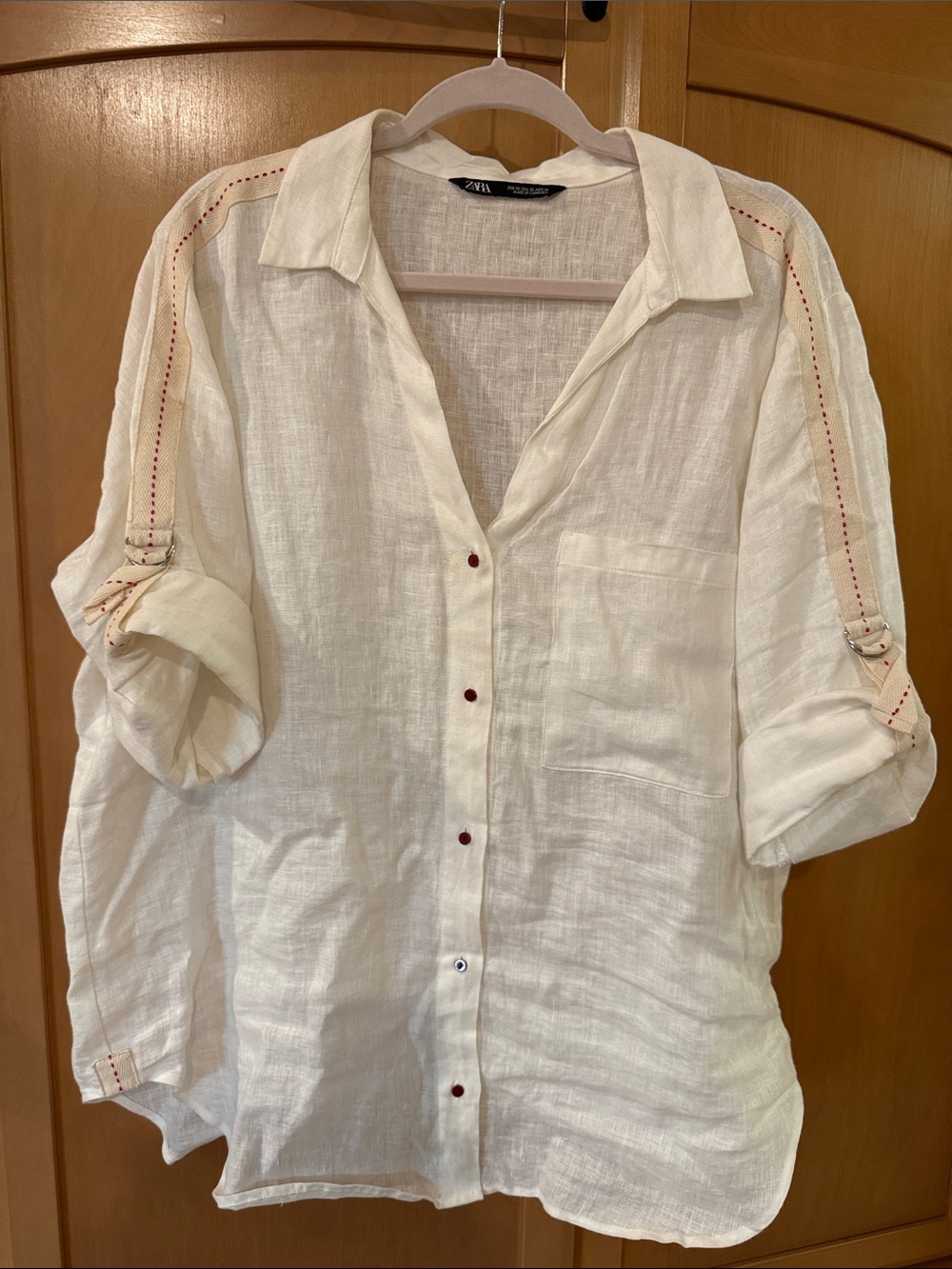 Zara Cream Linen Button-Up Shirt with Red Accents